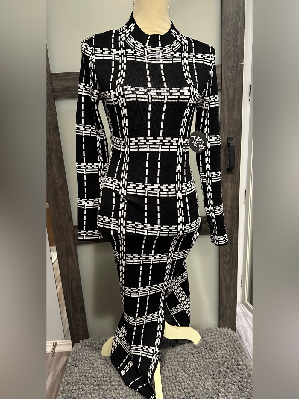 NWT Jolie & Joy Windowpane Cardigan Dress Black White Preppy Large Sexy Slit